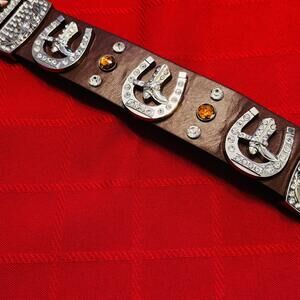 Genuine Leather Brown Belt with Decorative Buckle and Rhinestone Accents Large